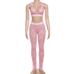 Sexy lente-zomer vrouwenoutfits kant doorschijnend crop top en lange broek 2-delige set sexy mesh tweedelige broekensets dames 2025 - Product Image 3