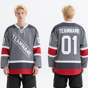 เสื้อฮอกกี้แฟชั่นสตรีทคุณภาพสูงสั่งทำพิเศษ ปักลายลูกไม้ที่คอ สีเทา สไตล์ฮิปฮอป ผ้าทอลายทวิล ตาข่าย ชุดยูนิฟอร์มฮอกกี้น้ำแข็ง - Product Image 1