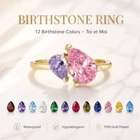 Anillo de Piedra de Nacimiento para Mujer, Anillo Toi Et Moi de Zirconia, 12 Colores, Resistente al Agua, Hipoalergénico, Chapado en Oro, Cobre, Regalo de Aniversario Personalizado