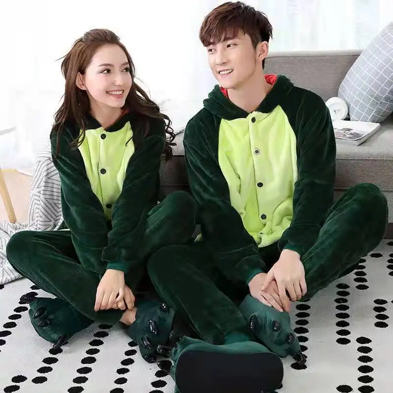 European and American autumn and winter thickened flannel couples long sleeve dinosaur pajamas home wholesale cotton pajamas