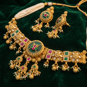 Traditional Gold Plated Green Pink Meenakari Choker Necklace Set With Circular Motifs Drops Matching Earrings For Bridal Wear - Product Image 3