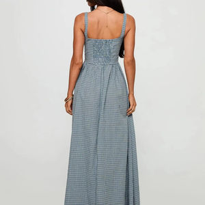 Robe longue décontractée vintage bleue à carreaux gingham, col carré, sans manches, taille ajustée, évasée, avec poches, style rétro, pour l'été - Product Image 5