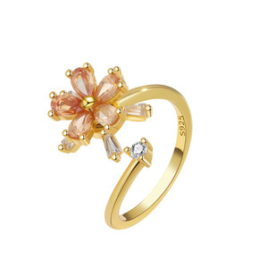 Flower Spinner <b>Rings</b> Claw <b>Set</b> Pear Cut Champagne Cubic Zirconia Copper Gold Plated Anxiety Jewelry Gift For <b>Women</b> - Product Image 1