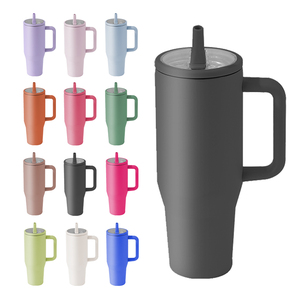 Mug de voyage en gros, tasse isotherme à double paroi en acier inoxydable de 40 oz avec couvercle, poignée et paille - Product Image 1