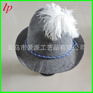 Chapeau en feutre gris Lp avec plume blanche et bande en corde bleue pour fête du bière, unisexe - Product Image 1
