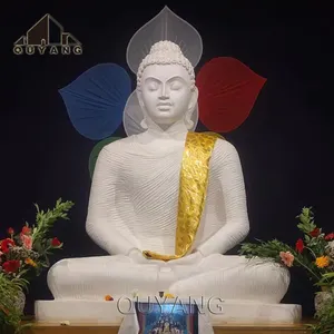 QUYANG decorazione del giardino marmo bianco puro meditazione Budda scultura pietra a grandezza naturale seduto statua di Buddha per il commercio all'ingrosso
