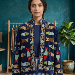 Blouson bomber en velours bleu marine pour femme avec broderie, écologique, respirant, séchage rapide, rembourrage en soie, fabriqué au Rajasthan - Product Image 6