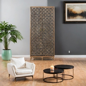 Armoire en bois avec portes à motifs géométriques |   Armoire de rangement avec base métallique, armoire de chambre à coucher de luxe - Product Image 1