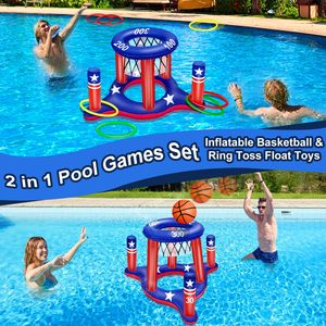 Édition limitée Ensemble de jeux de piscine gonflables d'été avec drapeau américain, comprenant un panier de basket flottant et un jeu de lancer d'anneaux, pour adolescents et adultes - Product Image 5