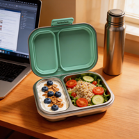 Boîte à bento mignonne à 2 compartiments en acier inoxydable 304, motif imprimé, sans BPA, étanche, compatible micro-ondes, grande capacité pour enfants et adolescents