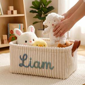 Personalised Baby Shower <b>Basket</b> Newborn Custom Name Corduroy Caddy <b>Nursery</b> Closet Folding <b>Laundry</b> Organizer Gift Applique 12x8x5 - Product Image 4