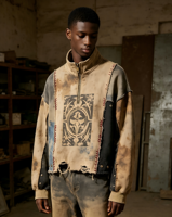 Sweat-shirt court à demi-zip, style streetwear, patchwork, effet délavé soleil, imprimé totem, coupe usée