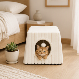 Maison pour chat en velours côtelé semi-fermée, tanière douillette pour chat, rembourrage en coton PP chaud, housse amovible et lavable, antidérapante, vente en gros OEM, jouet <span class=keywords><strong>pompon</strong></span> - Product Image 2