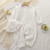 Barboteuse pour bébé de couleur unie douce avec chapeau, combinaisons en mousseline de coton pour tout-petits filles, barboteuse simple pour bébé