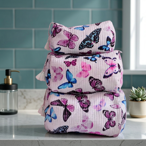 Bolsa de Aseo Artesanal de Algodón con Estampado de Bloques, Estuche Cosmético Plegable Vintage, Organizador de Maquillaje de Viaje para Uso Diario, Set de 3 - Product Image 3