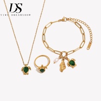 Ensemble collier, bracelet et bague Dreamshow en zircon cubique vert, avec pendentif tortue, en acier inoxydable 316L plaqué or, résistant à l'eau