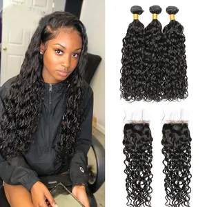 100% Malaysian Human Hair Natural Color 30 Inch Water Wave Bundles With Closure Remy Hair Extensions