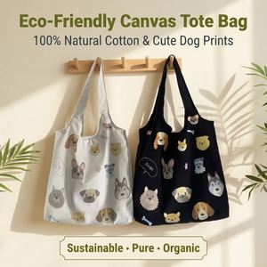 Eco-Friendly Natural Cotton Canvas Tote Cute Dog Breed Print Sustainable Organic Reusable Shopping Shoulder <b>Bag</b> <b>Women</b> Daily - Product Image 1