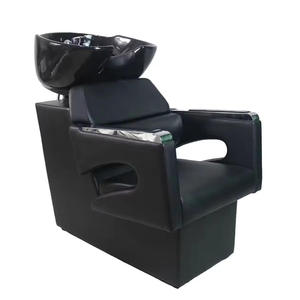Fauteuil de lavage de cheveux en cuir noir, inclinable et réglable, avec lavabo brillant, ergonomique pour salon de coiffure - Product Image 1