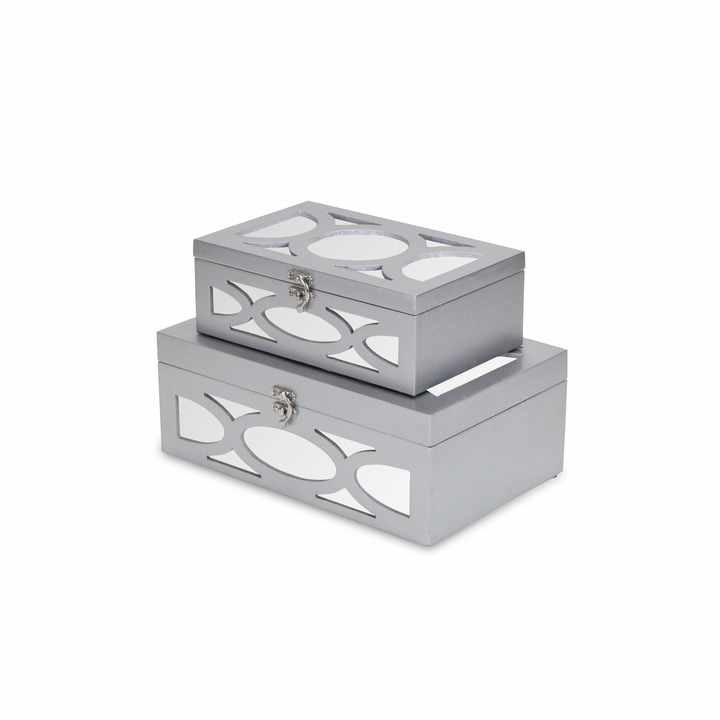Set of Two Silver Oval Scroll Mirror Jewelry Storage Boxes HMS Design