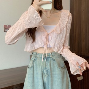 甘いフリルパッチワーク服女性用夏用薄いカーディガンデザインブラウスショートトップ - Product Image 5