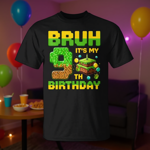 Camiseta de manga corta con estampado digital de cuello redondo unisex para niños, celebración del 9º cumpleaños con juego de píxeles - Product Image 3