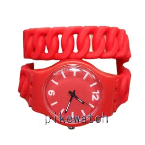 卓越时尚红色女性石英长表带硅胶女士手表
