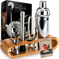 Meilleur vendeur personnalisé 12 pièces Set de shaker à cocktail en acier inoxydable avec support en bambou Shaker à cocktail noir