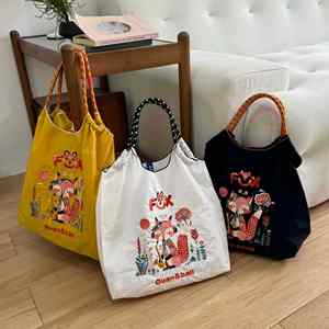 Summer Women Internal <b>Frame</b> Portable Nylon <b>Embroidery</b> Cartoon Pattern Fashion Large Capacity String Closure Shoulder Shopping - Product Image 3
