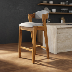 Chaise de bar en bois massif avec siège et accoudoirs rembourrés, design minimaliste moderne, base en métal pour bar à domicile, hôtel, café, salle à manger - Product Image 2