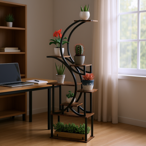 Support à plantes en bois moderne en forme de S à 8 niveaux, étagère d'angle pour la décoration de bureau avec finition carbonisée - Product Image 2