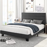 Lit rembourré français réglable en tissu polyester avec tête de lit et cadre en fer à profil bas