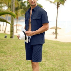 Produttore di Abbigliamento Estivo, Set da <span class=keywords><strong>Uomo</strong></span> 2 Pezzi in Cotone e <span class=keywords><strong>Lino</strong></span>, Camicia e Pantaloncini, Outfit da Spiaggia Casual e Semplice, Completo Oversize da <span class=keywords><strong>Uomo</strong></span> - Product Image 4