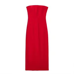 ZATRHMBM – robe mi-longue rouge sans bretelles pour femmes, Vintage, sans manches, fendue, Sexy, été, 2023