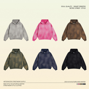 Vente en gros de sweats à capuche personnalisés 460g pour l'hiver, brodés, teinture par pulvérisation, effet éclaboussures d'encre, effet déchiré, style streetwear rétro, unisexe, surdimensionné - Product Image 3