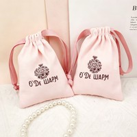 Pochette en toile de coton avec cordon de serrage, logo personnalisé, ruban rose, sac à cordon de serrage, emballage cadeau pour bijoux, parfum, pochette de rangement