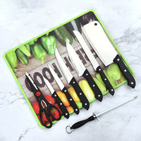Ensemble de couteaux à fruits, ciseaux et planche à découper en plastique 9-en-1 en acier inoxydable durable pour la cuisine