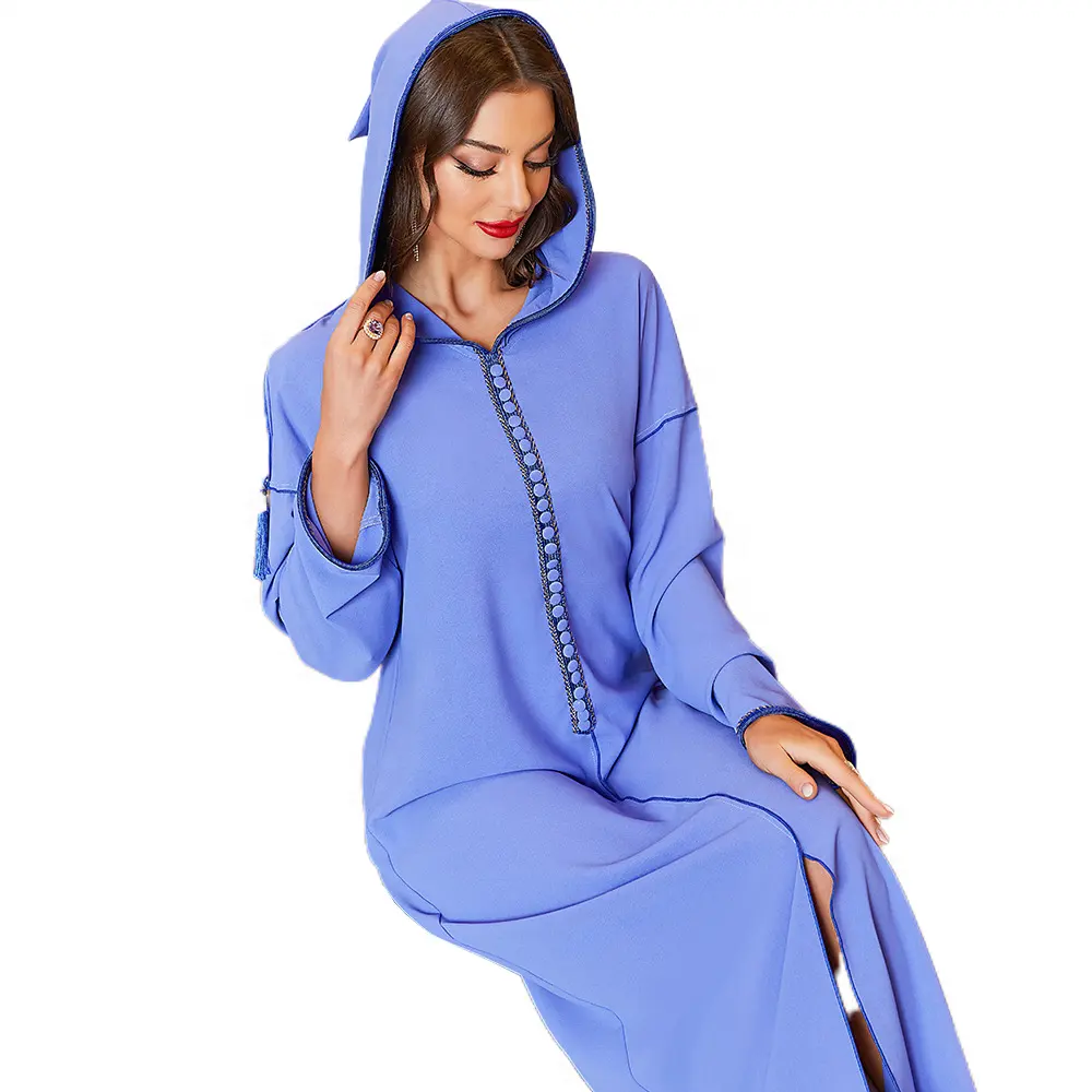 新しいブルーボタンリボンタッセルフード付きアバヤローブ完全にカスタマイズ可能なパーカー伝統的なイスラム教徒のマキシモロッコアバヤ服ドレス