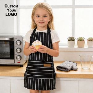 Tablier rayé en coton et lin pour enfants, avec boucle de cou réglable, imperméable, unisexe, pour cuisiner, peindre, garderobe de maternelle, logo personnalisé - Product Image 1
