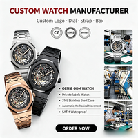 Montre mécanique automatique de luxe pour homme, boîtier et bracelet en acier inoxydable doré, cadran squelette personnalisé, étanche, vente en gros