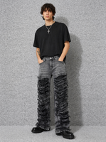 Jean déchiré pour homme 2026, modèle distinctif à jambe longue, avec franges superposées pour un style audacieux – Fabricant de jeans