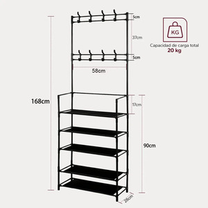Appendiabiti in Metallo Nero con Ganci + Scaffalatura a Quattro Livelli, Mobile Multifunzionale per Ingresso |    Appendiabiti e scarpiera tutto in uno - Product Image 2