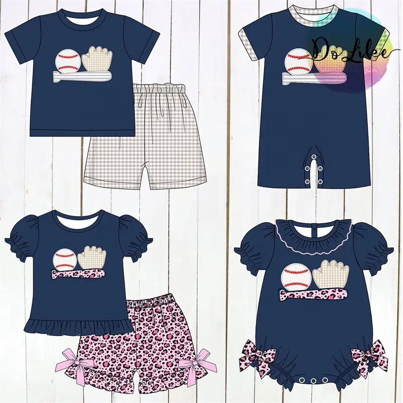 Hot sale children boutique embroidery boys and girls outfit baseball kids clothing set matching girl clothes