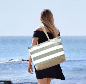 กระเป๋าชายหาดลายทางขนาดใหญ่พร้อมซิปปิด ผลิตจากโพลีเอสเตอร์ ชุดกระเป๋าช้อปปิ้งสะพายไหล่ - Product Image 6