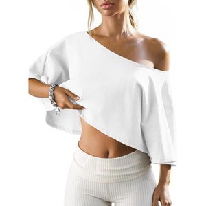 Custom <b>Womens</b> Off Shoulder Cropped <b>Top</b> Batwing Sleeve Asymmetrical Neck Yoga <b>Top</b> Summer Casual White Cotton Quick Dry - Product Image 1
