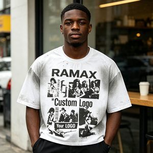 Camiseta Personalizada Vintage de Corte Cuadrado para Hombre |   Camiseta Oversize con Borde Deshilachado y Lavado Ácido |   Camiseta de Moda Urbana con Estampado OEM y Marca Privada - Product Image 3