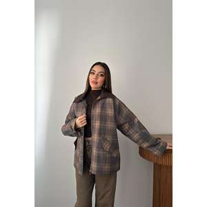 Wholesale Brown Plaid Leather <b>Jacket</b> for Ladies <b>Girls</b> Autumn Spring 3XL Short Length Polyester Filling Collar Trim Dyed <b>Blazer</b> - Product Image 5