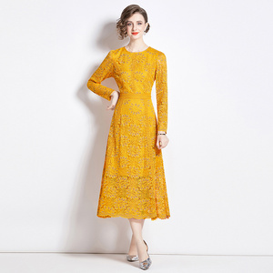 <span class=keywords><strong>Vestido</strong></span> de Encaje <span class=keywords><strong>amarillo</strong></span> de ganchillo calado con cuello redondo lavable natural sólido Midi elegante para mujer recién llegado - Product Image 4