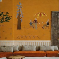 Mural Dinding Hutan Kelinci Gambar Tangan Kartun Warna Oranye Hangat Kain Dinding Kustom untuk Wallpaper Kamar Tidur Anak