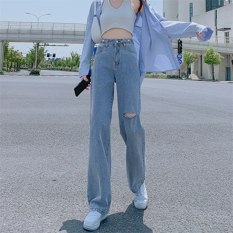 New Arrivals Fashion Loose Light Blue Denim Pants Wide Leg Ripped Jeans For Women